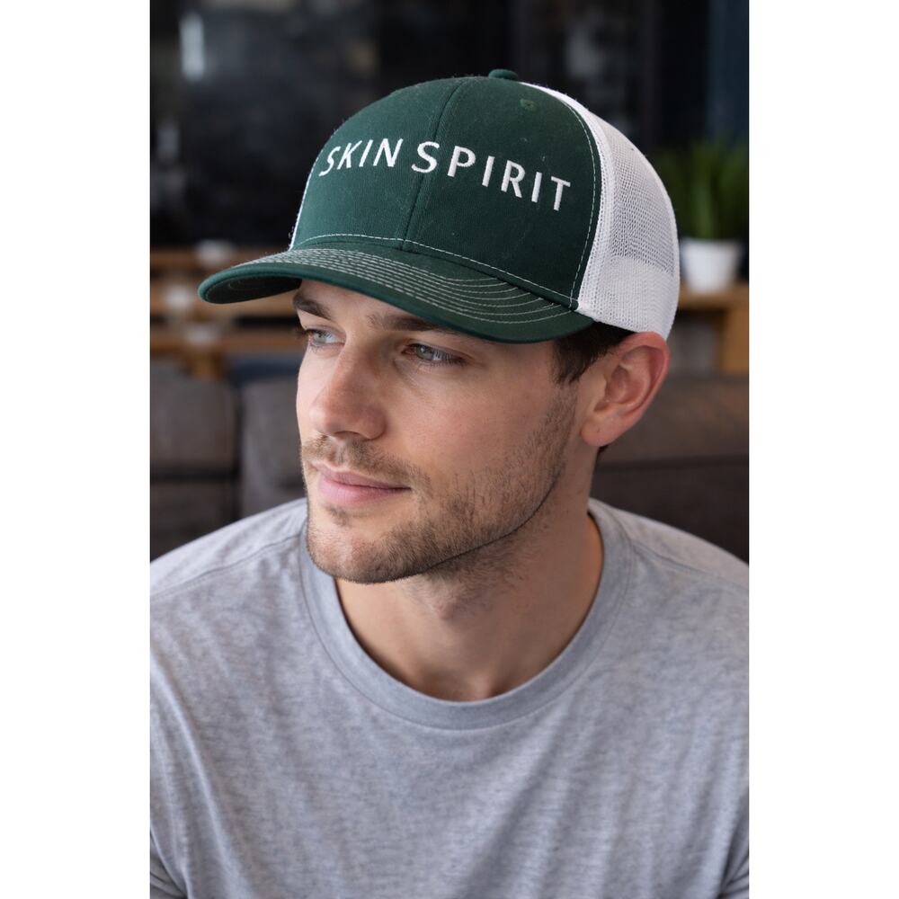 Skin Spirit Trucker Hat Green White Mesh Snapback Spa Med Spa Esthetician Cap